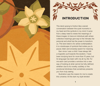 Book or deck cover with floral illustration and introductory text on a beige background