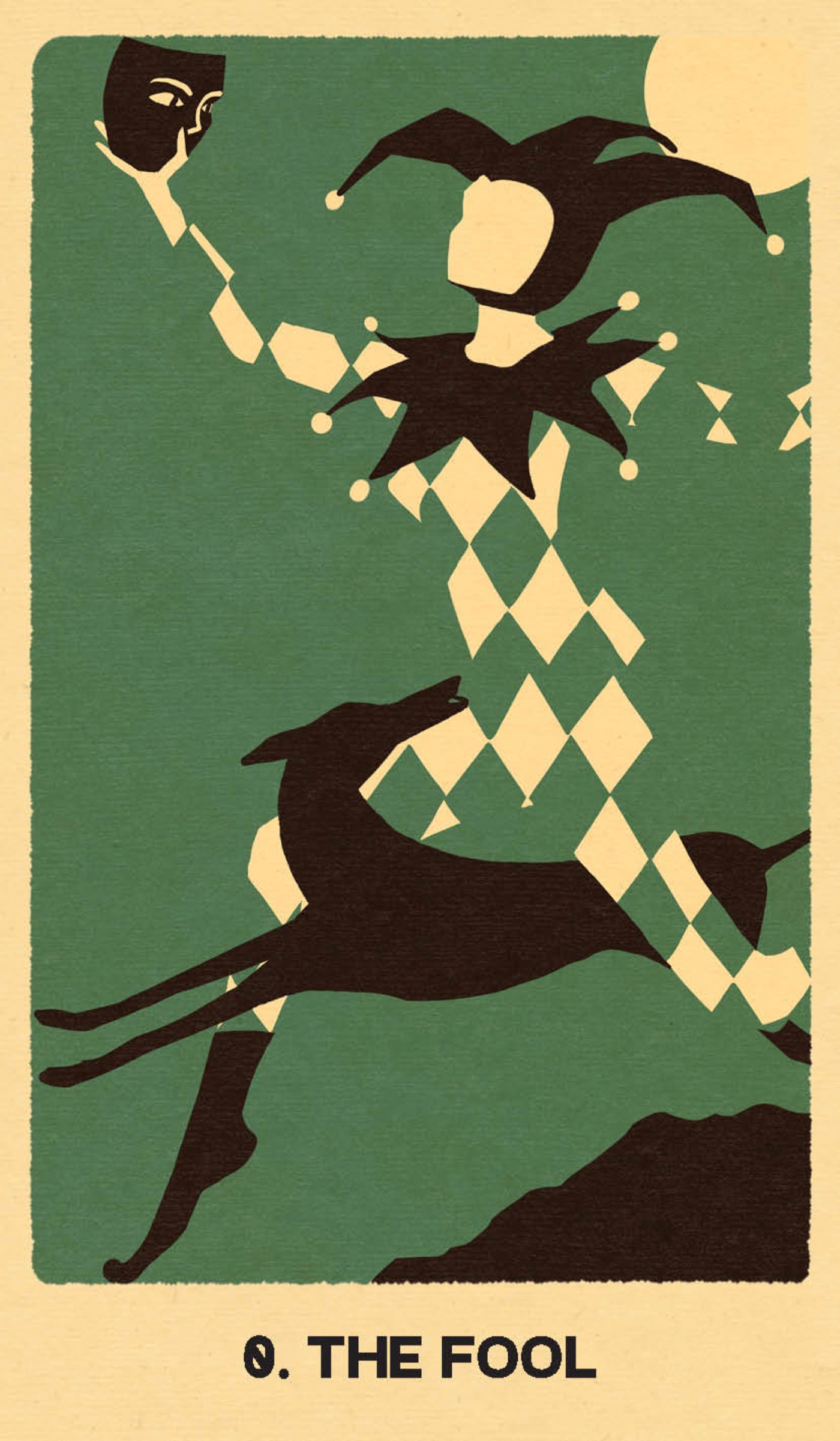 Card featuring a jester and dog with 'The Fool' text on a green and beige background