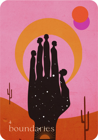 Card with a stylized illustration of a hand with silhouettes of people against a pink and orange background.