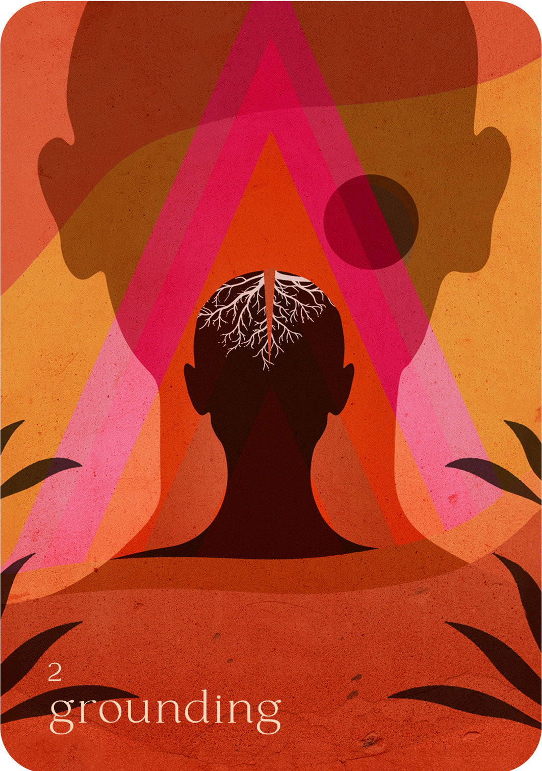 Illustration of a person with roots emerging from their head, set against a warm-toned background with abstract shapes.