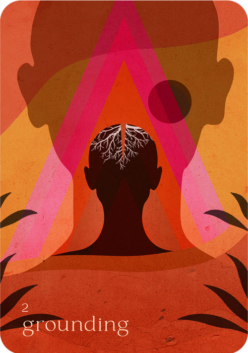 Illustration of a person with roots emerging from their head, set against a warm-toned background with abstract shapes.