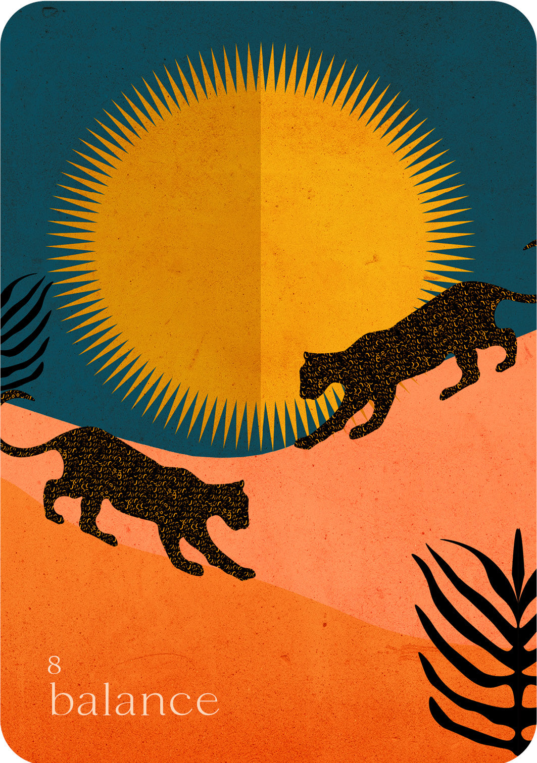 Illustration of two panthers running towards a sun with 'balance' text at the bottom.