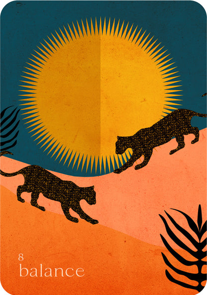 Illustration of two panthers running towards a sun with 'balance' text at the bottom.