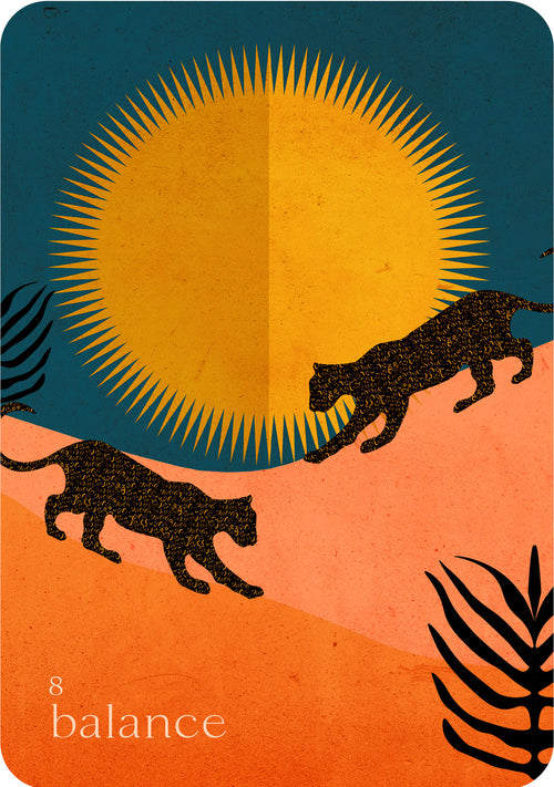 Illustration of two panthers running towards a sun with 'balance' text at the bottom.