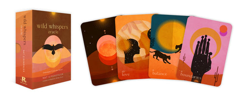 Set of tarot cards with colorful designs and a box labeled 'wild whispers oracle'.