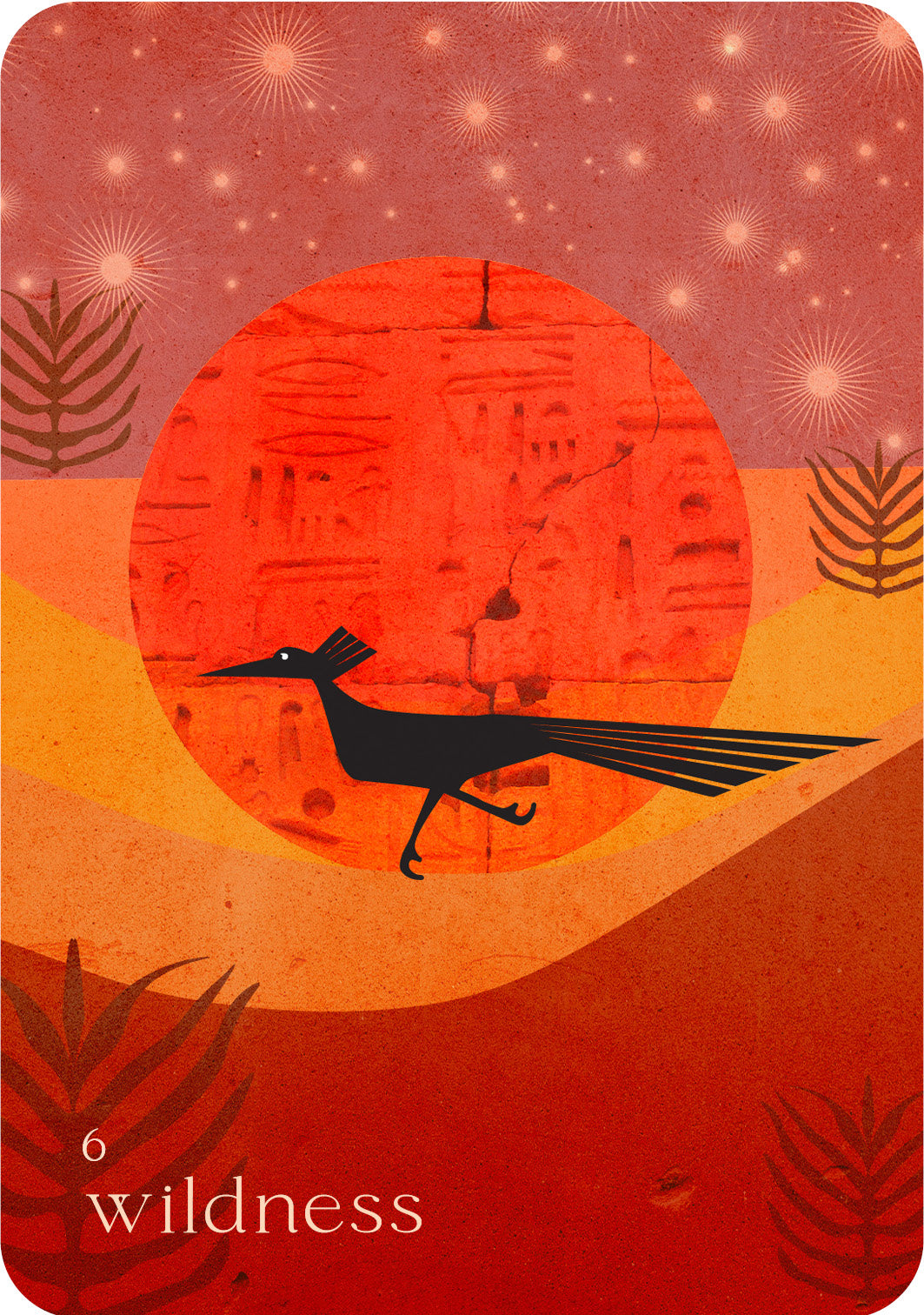 Card with a desert landscape, silhouette of a roadrunner, and stylized sun.