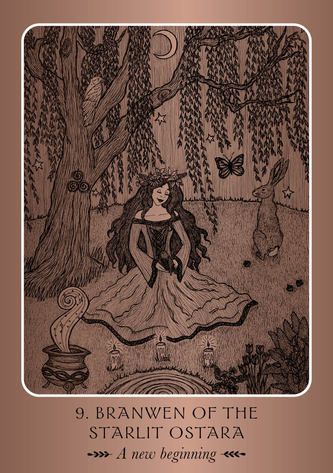 Illustration of a woman in a forest with a rabbit and butterfly, titled 'Branwen of the Starlit Ostara'.