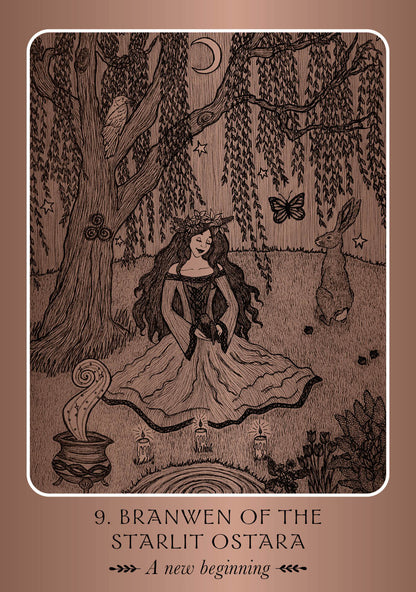Illustration of a woman in a forest with a rabbit and butterfly, titled 'Branwen of the Starlit Ostara'.