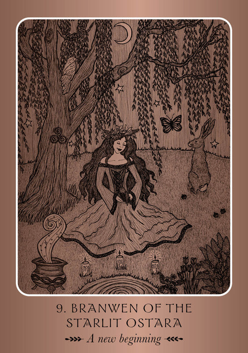 Illustration of a woman in a forest with a rabbit and butterfly, titled 'Branwen of the Starlit Ostara'.