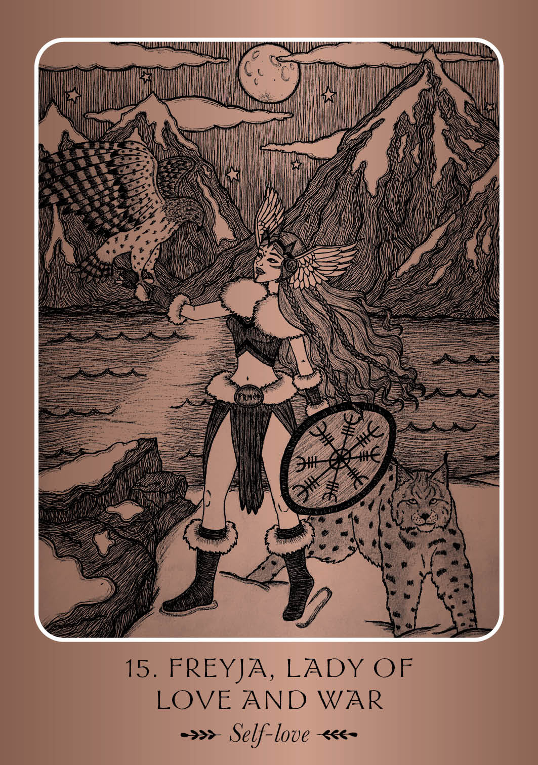 Freyja, Lady of Love and War tarot card with a brown background
