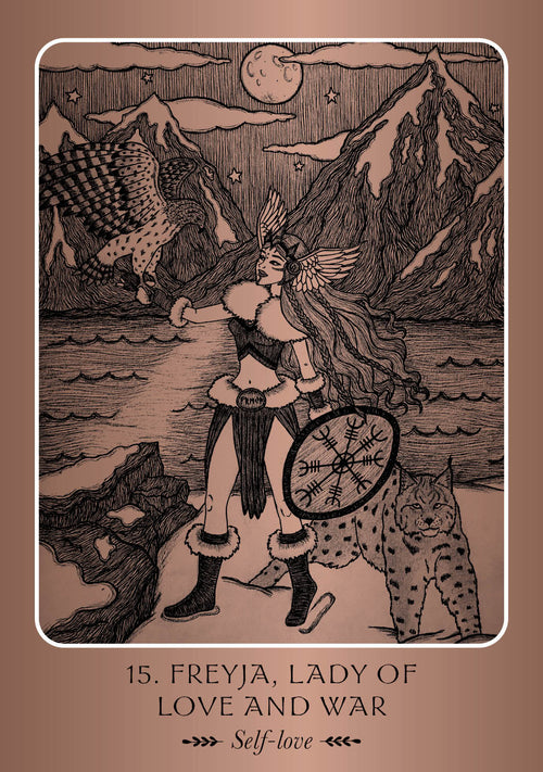 Freyja, Lady of Love and War tarot card with a brown background
