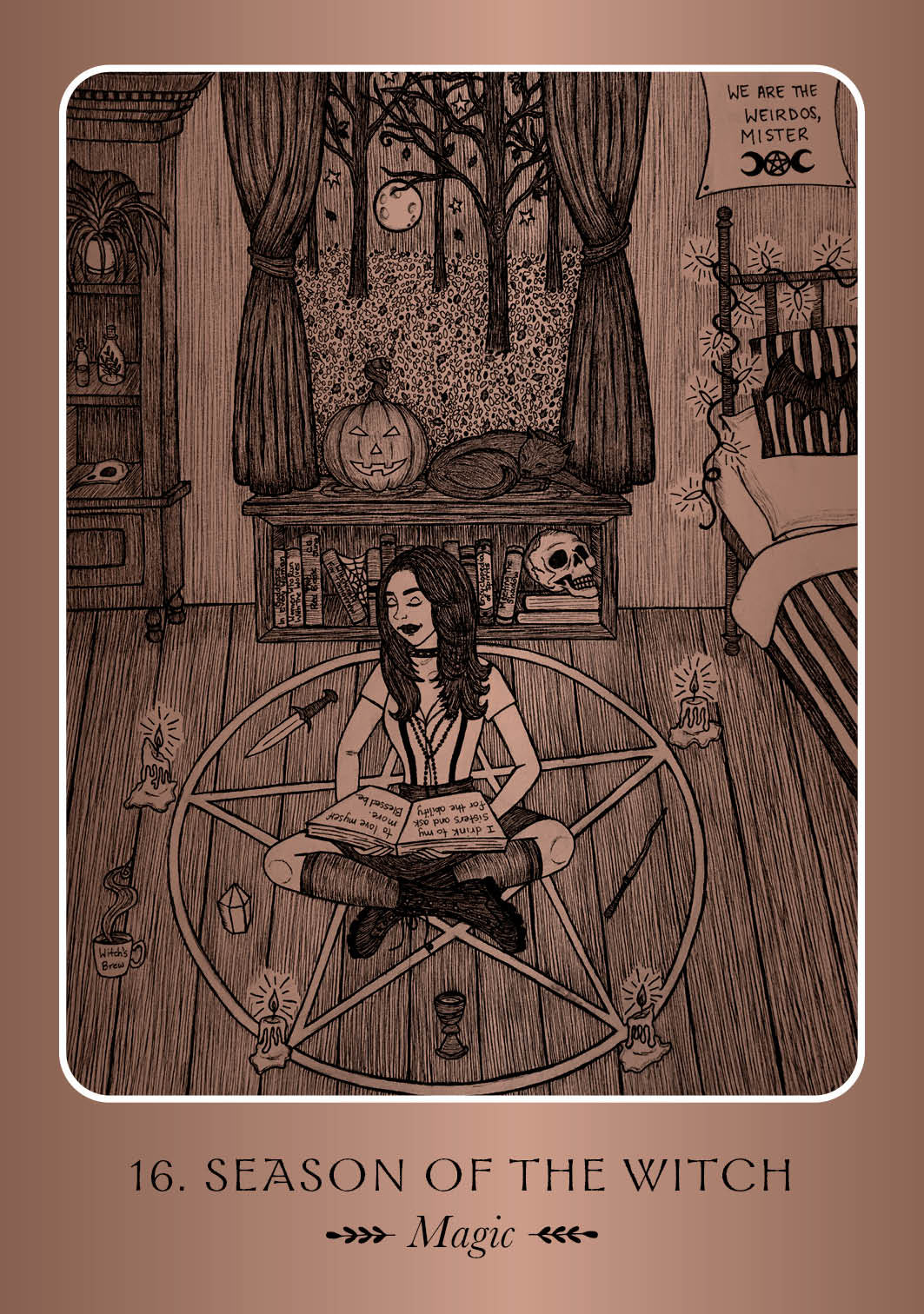 Illustration of a witch in a pentacle circle with Halloween decorations, on a brown background.