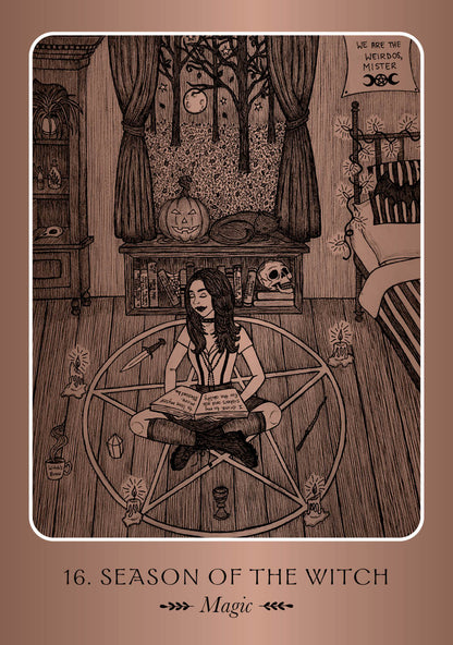 Illustration of a witch in a pentacle circle with Halloween decorations, on a brown background.