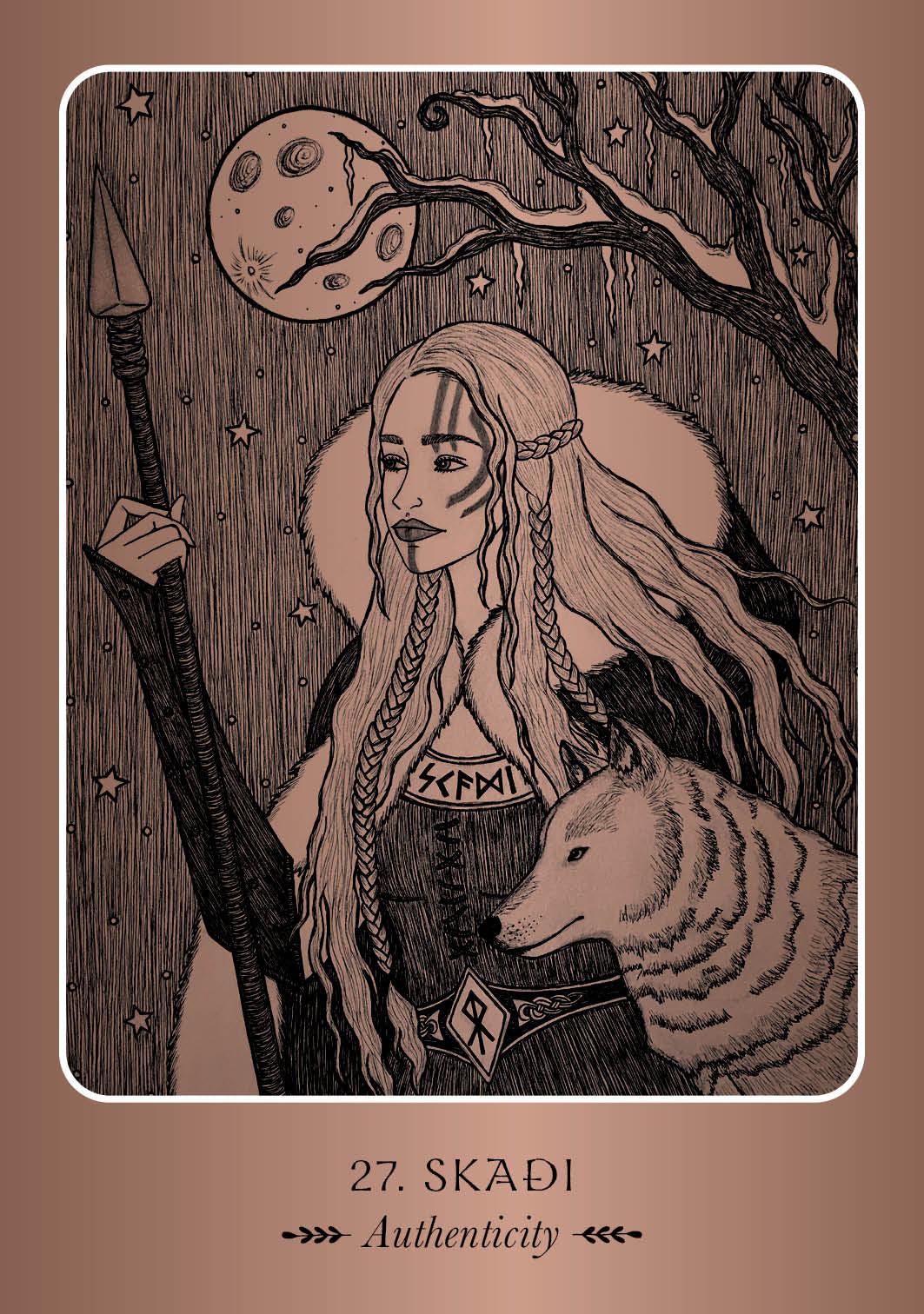 Illustration of a woman with a ram and moon in the background, labeled '27. Skaédi' on a brown background.