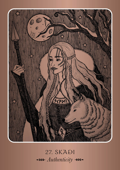 Illustration of a woman with a ram and moon in the background, labeled '27. Skaédi' on a brown background.