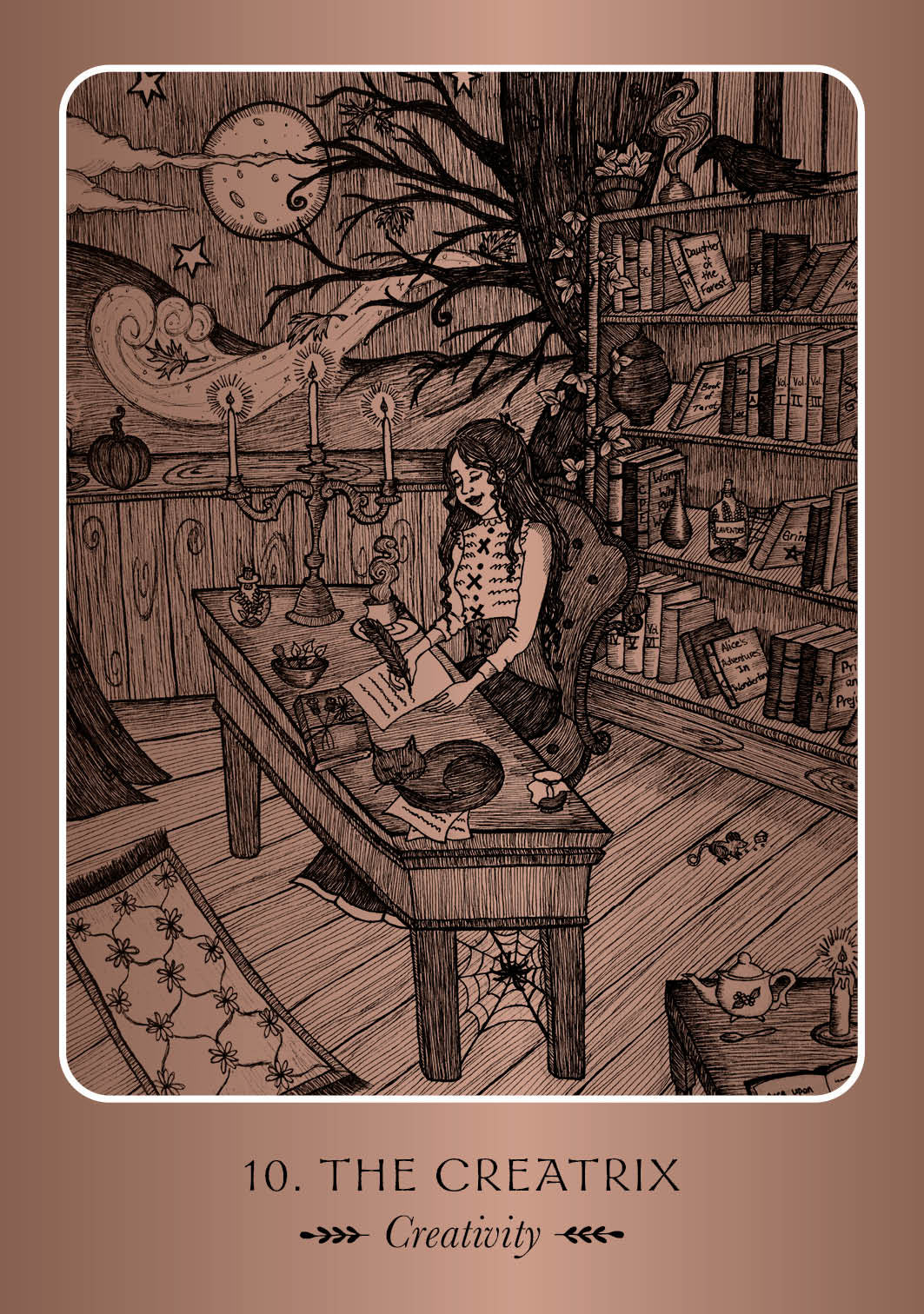 Illustration of 'The Creatrix' tarot card with a person at a desk surrounded by books and mystical objects.