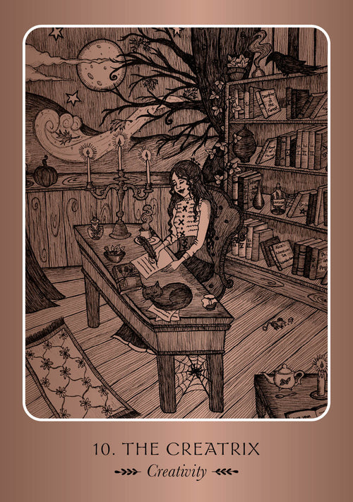 Illustration of 'The Creatrix' tarot card with a person at a desk surrounded by books and mystical objects.