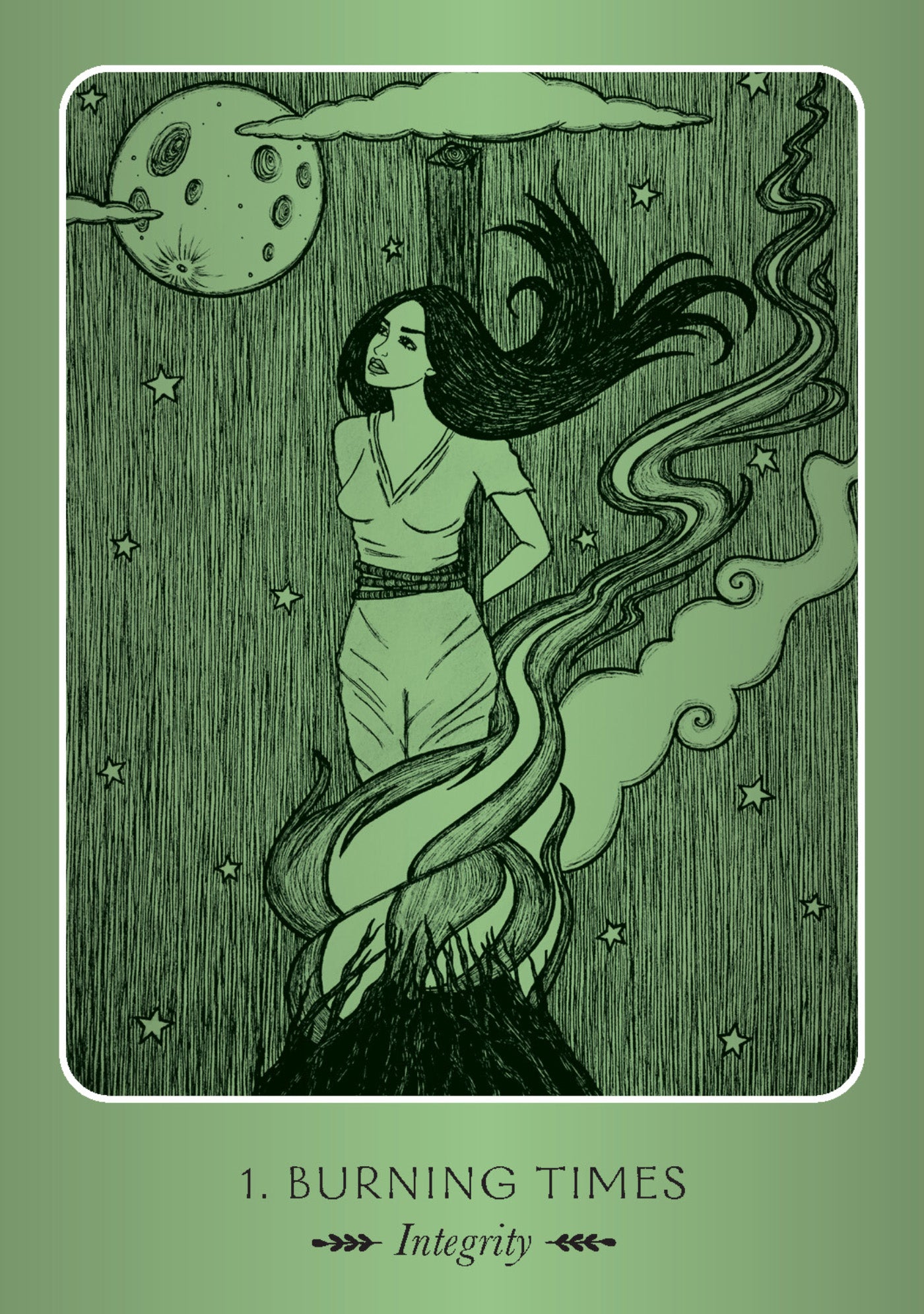 Illustration of a woman with flowing hair against a green background with stars and moon.