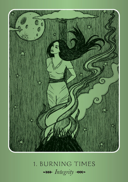 Illustration of a woman with flowing hair against a green background with stars and moon.