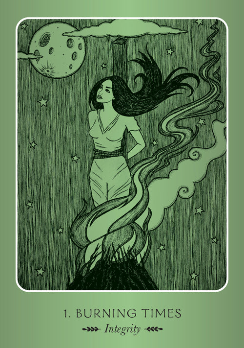 Illustration of a woman with flowing hair against a green background with stars and moon.