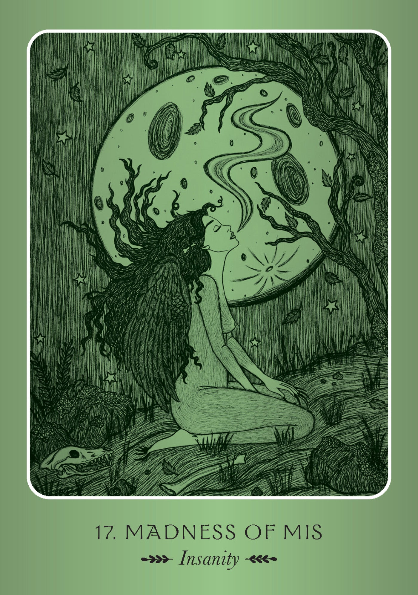 Illustration of a woman sitting under a moonlit sky with the text '17. Madness of Mis Insanity'.