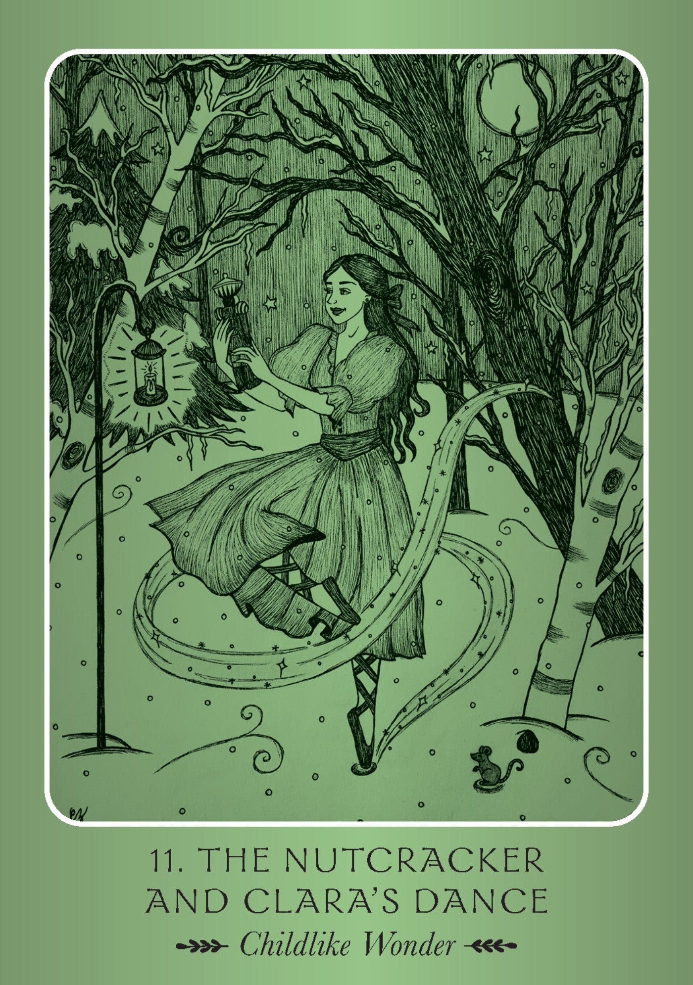Illustration of a dancer in a forest with text 'The Nutcracker and Clara's Dance' on a green background
