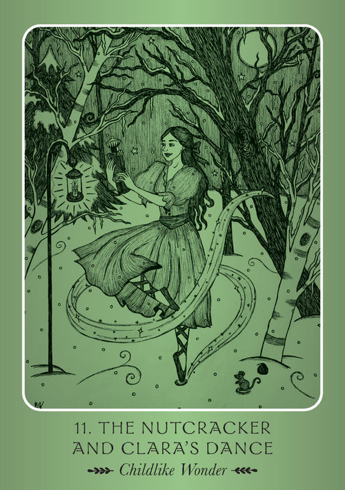 Illustration of a dancer in a forest with text 'The Nutcracker and Clara's Dance' on a green background