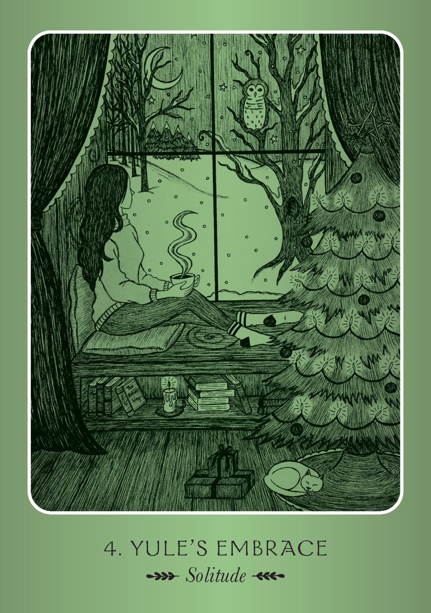 Illustration of a person by a window with a tree and cat, titled 'Yule's Embrace'.