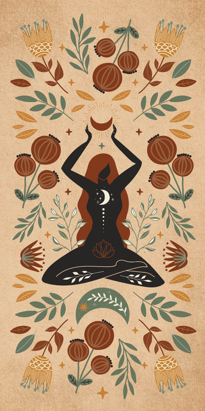 Artistic depiction of a person in a meditative pose surrounded by nature elements on a beige background.