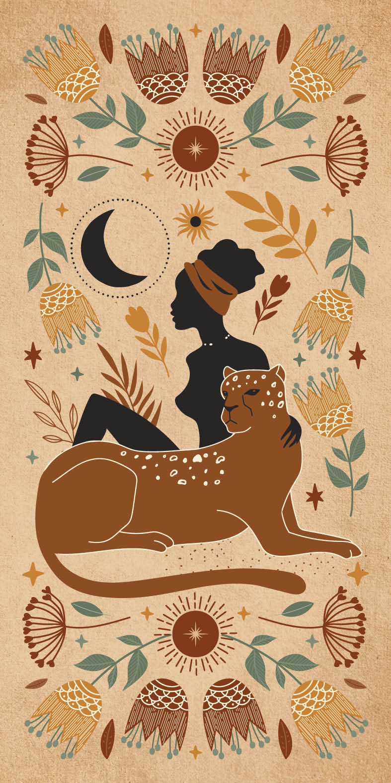 Decorative illustration of a woman with a lion, surrounded by floral and celestial elements on a beige background.