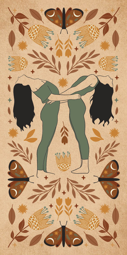 Illustration of a woman embracing with butterflies and foliage on a beige background