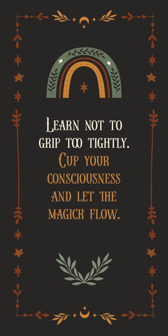 Decorative design with rainbow, text, and symbols on a dark background