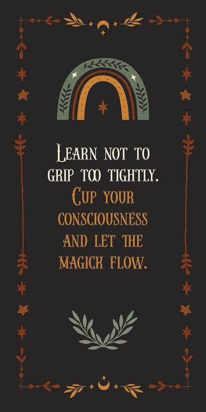 Decorative design with rainbow, text, and symbols on a dark background