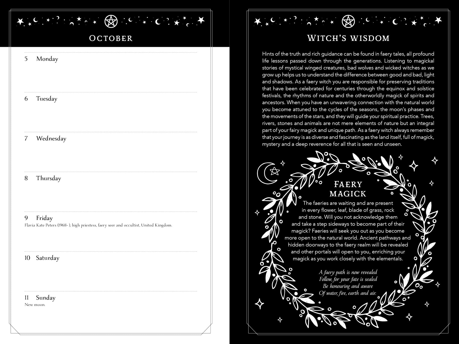 Witch's Wisdom calendar for October with black and white design elements.