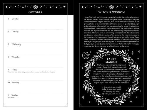 Witch's Wisdom calendar for October with black and white design elements.