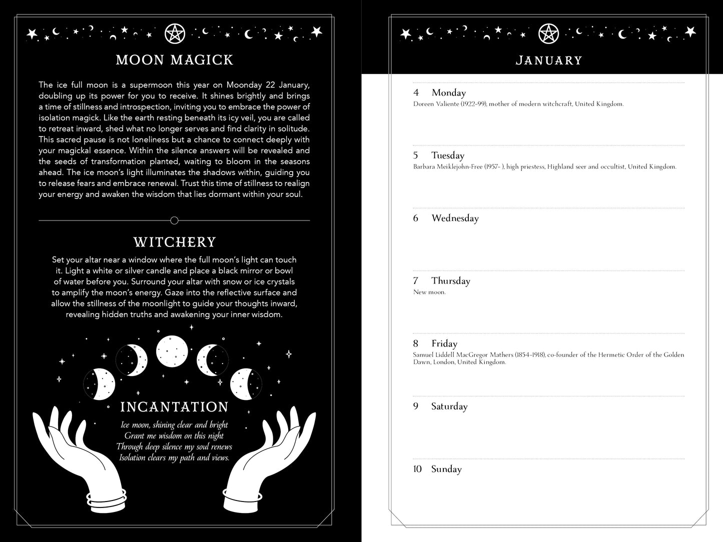 Witchcraft-themed calendar with moon phases and incantation text on a black background.