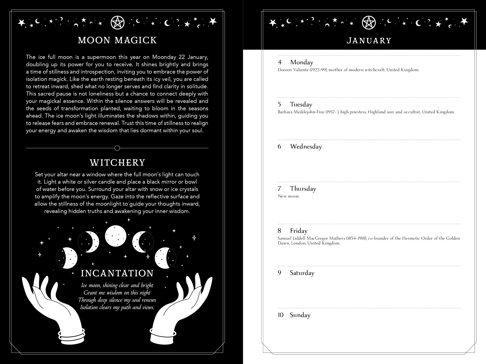 Witchcraft-themed calendar with moon phases and incantation text on a black background.