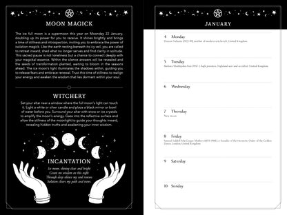 Witchcraft-themed calendar with moon phases and incantation text on a black background.