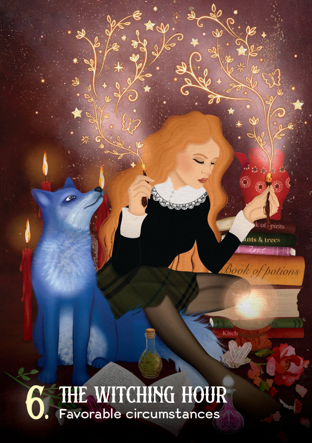 Illustration of a woman with a blue fox in a magical setting with books and candles.
