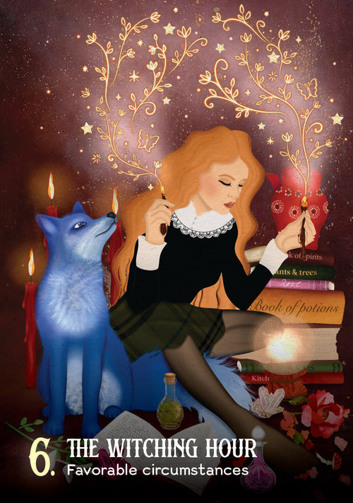 Illustration of a woman with a blue fox in a magical setting with books and candles.