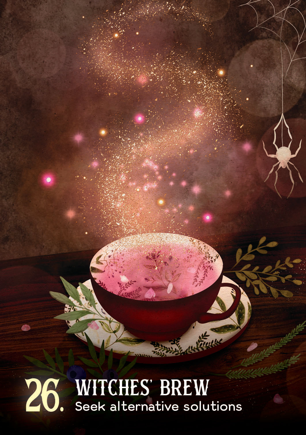 Magical cup of 'Witches' Brew' with glowing pink liquid on a dark background.