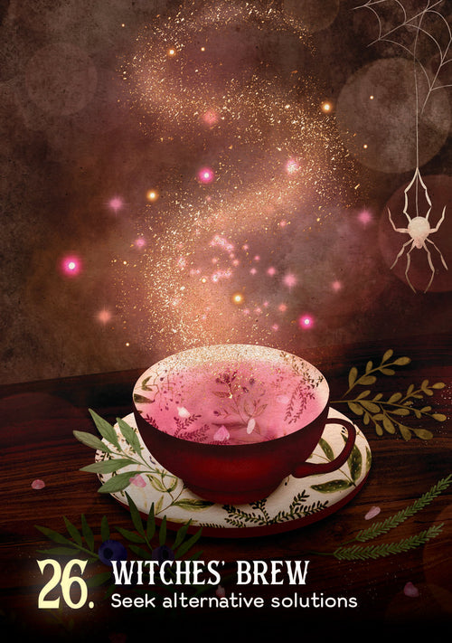 Magical cup of 'Witches' Brew' with glowing pink liquid on a dark background.