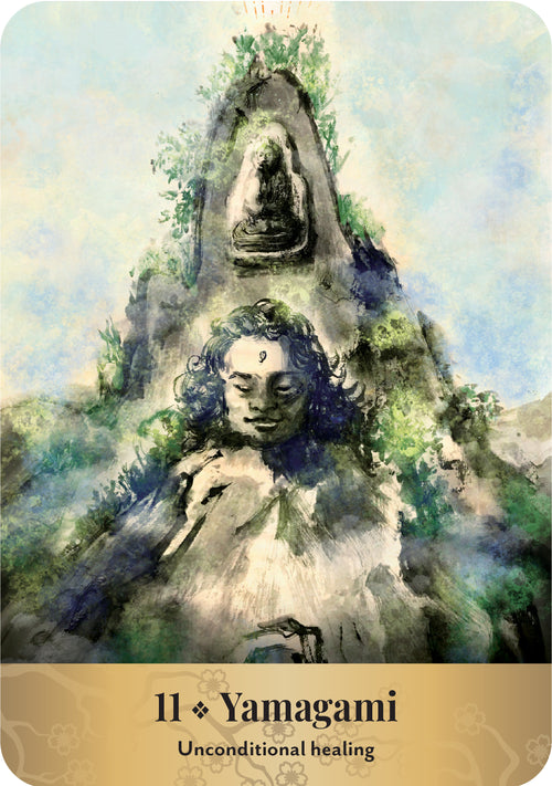 Artistic depiction of a statue with a serene expression, surrounded by nature, on a card titled 'Yamagami' with 'Unconditional healing' text.
