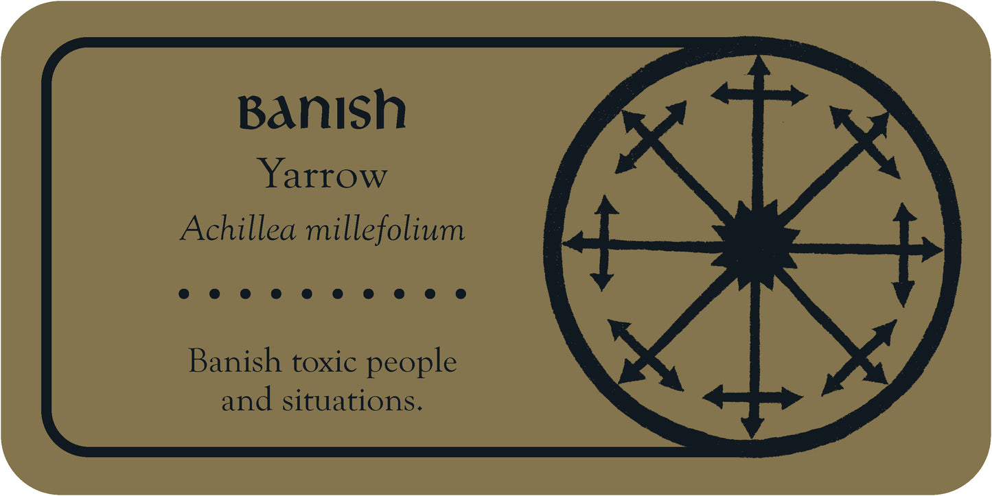 Yarrow Card with 'Banish' symbol and text on a beige background