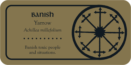 Yarrow Card with 'Banish' symbol and text on a beige background