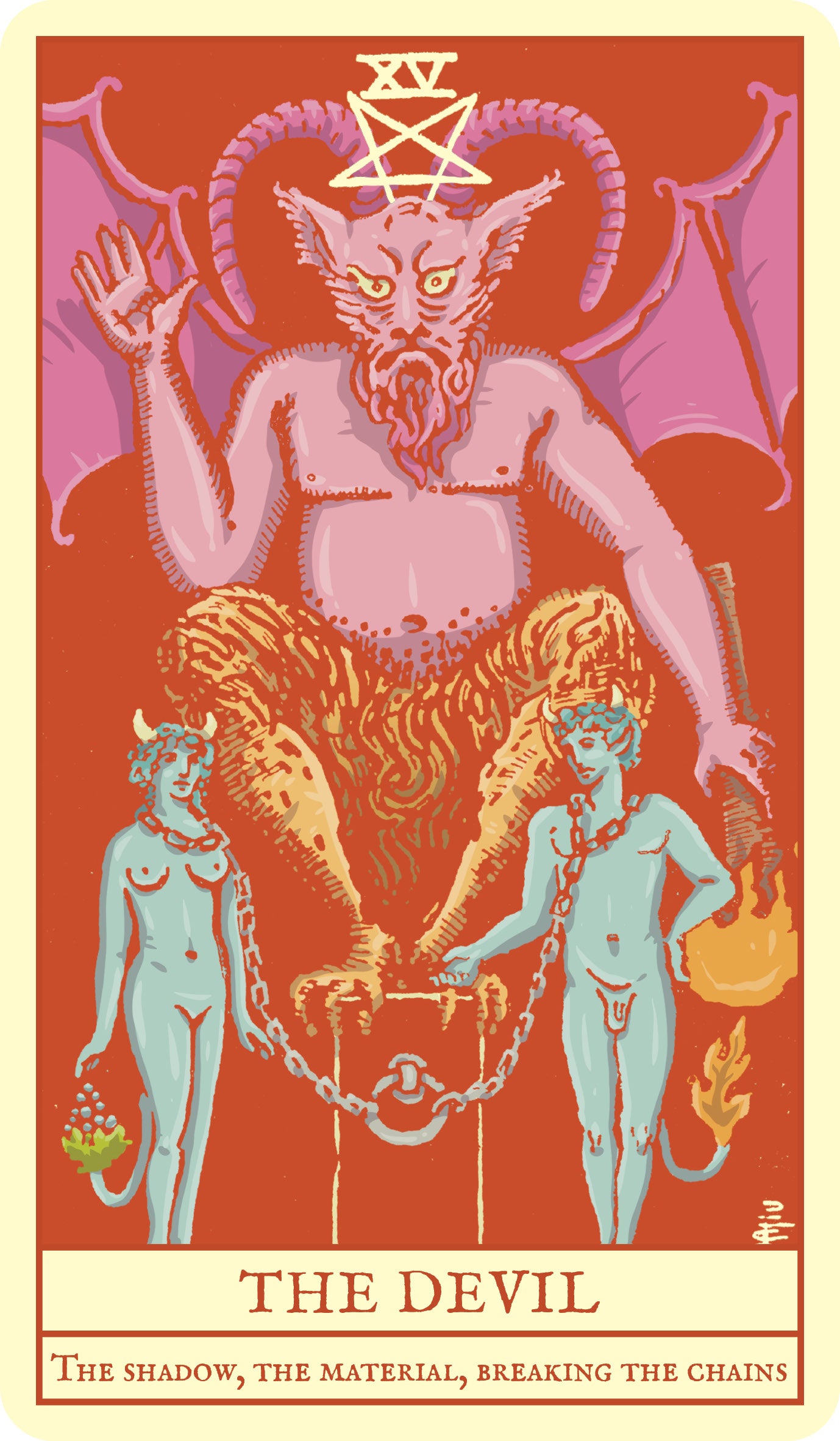 Card featuring 'The Devil' from a tarot deck with a red background and stylized illustration of a figure with horns and chains.