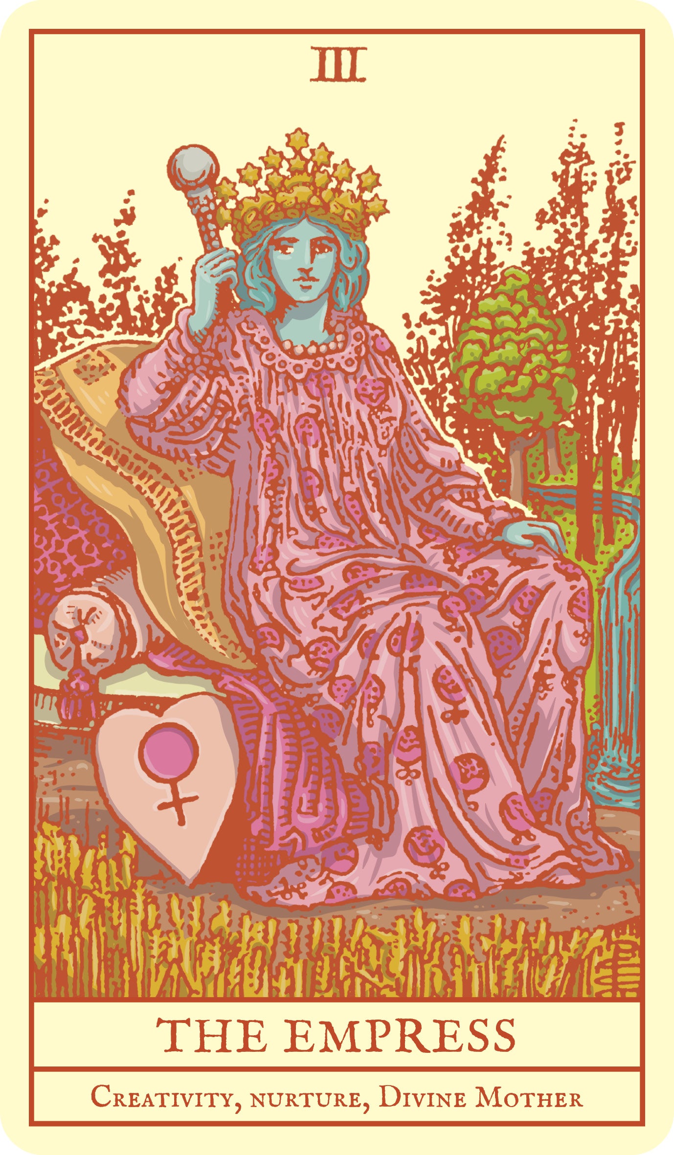 Tarot card featuring 'The Empress' with a woman in regal attire and a heart symbol.