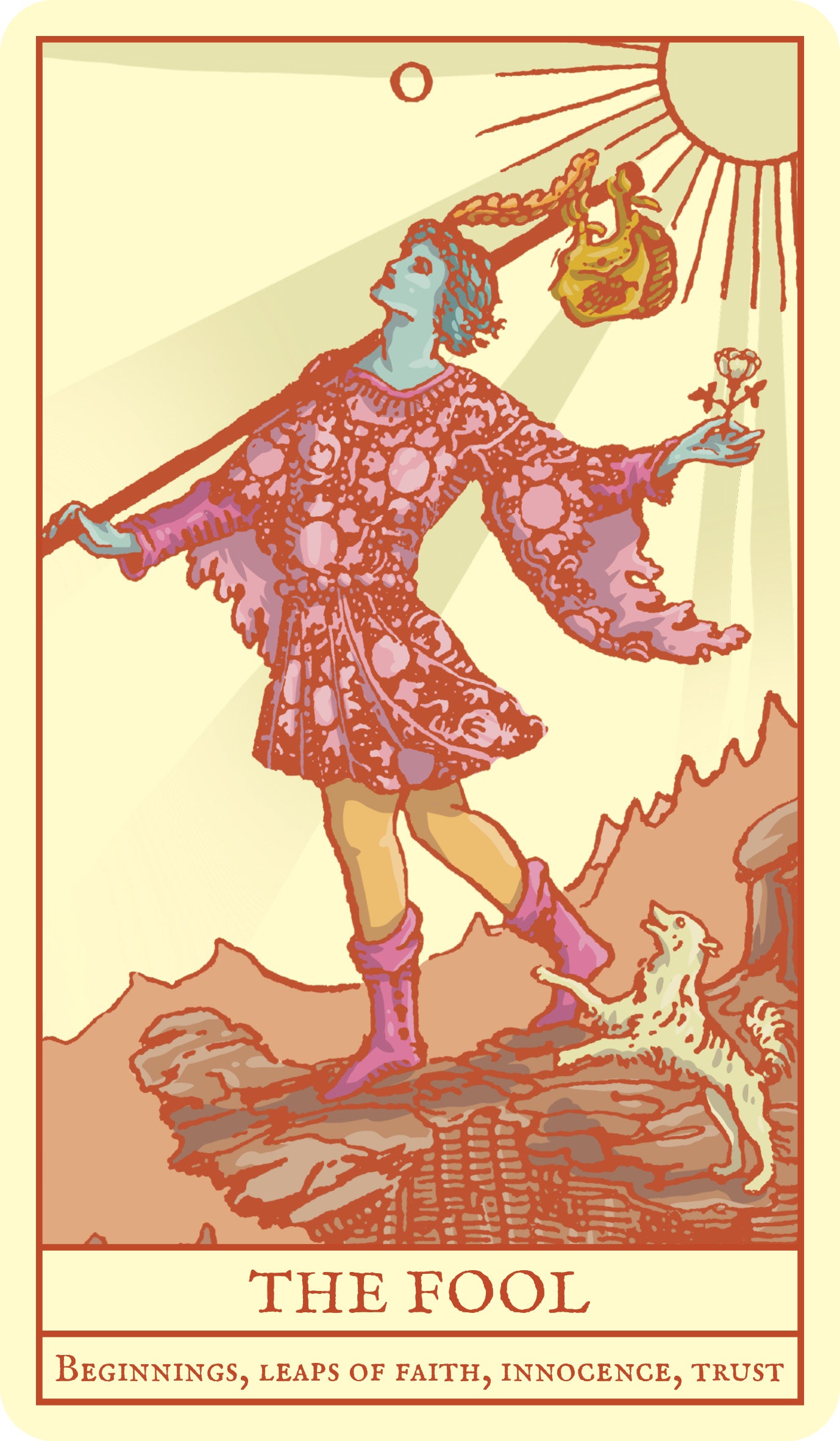 Vintage-style tarot card titled 'The Fool' with a person in a colorful dress holding a sun and a flower.