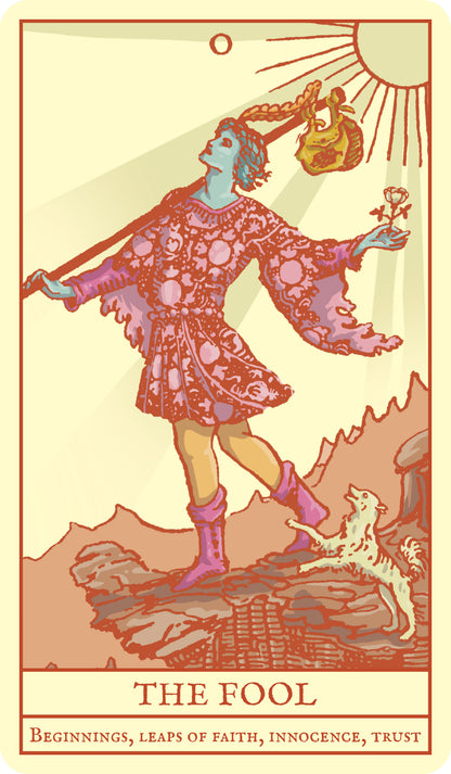 Vintage-style tarot card titled 'The Fool' with a person in a colorful dress holding a sun and a flower.