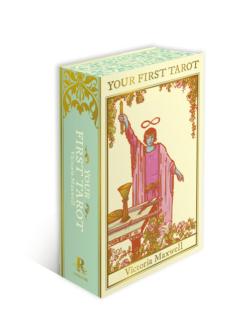 Your First Tarot card deck packaging with a tarot card illustration on a white background